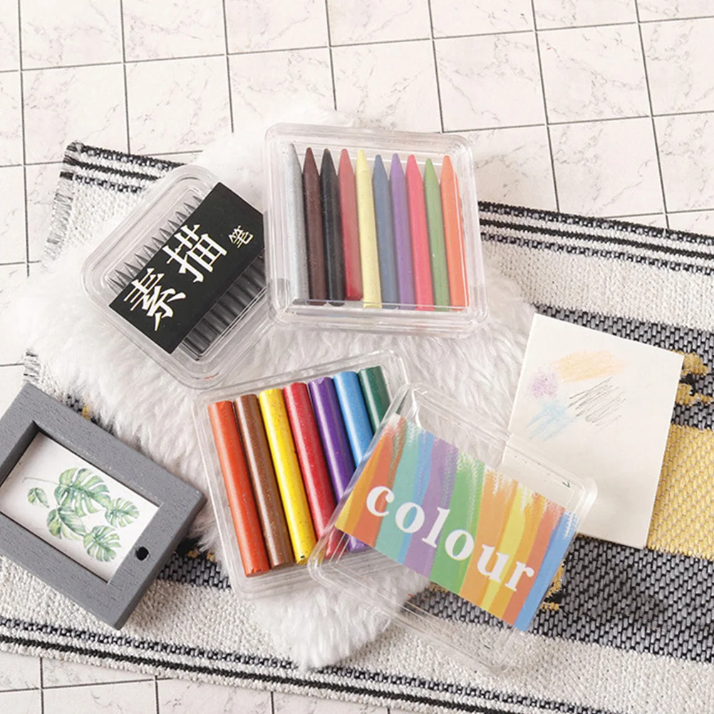 3 cajas de crayones para casa de muñecas, Mini bolígrafo para bocetos en miniatura, accesorios para fotos, acrílico * crayón * lápiz, accesorio de decoración para manualidades