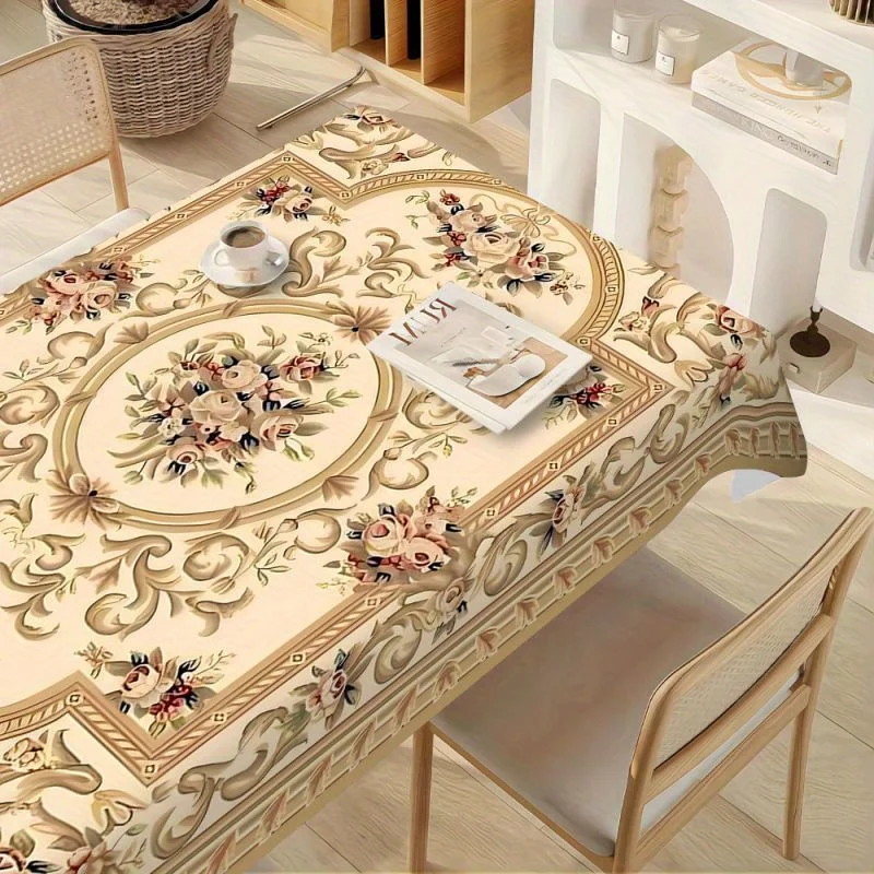 Polyester tablecloth, European vintage-themed tablecloth, symmetrical pattern of flowers and leaves on the tablecloth.PMJ