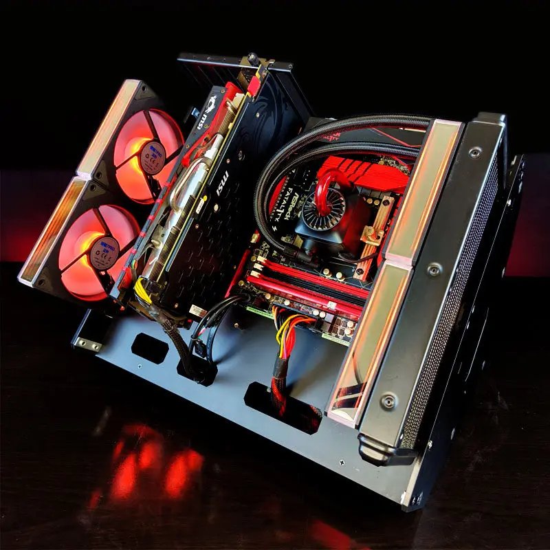 45° Open Tilt PC Case Aluminum Frame Semi‑Transparent Acrylic Water‑Cooling Rack Bottom Cable Outlet for ATX MATX ITX Desktop