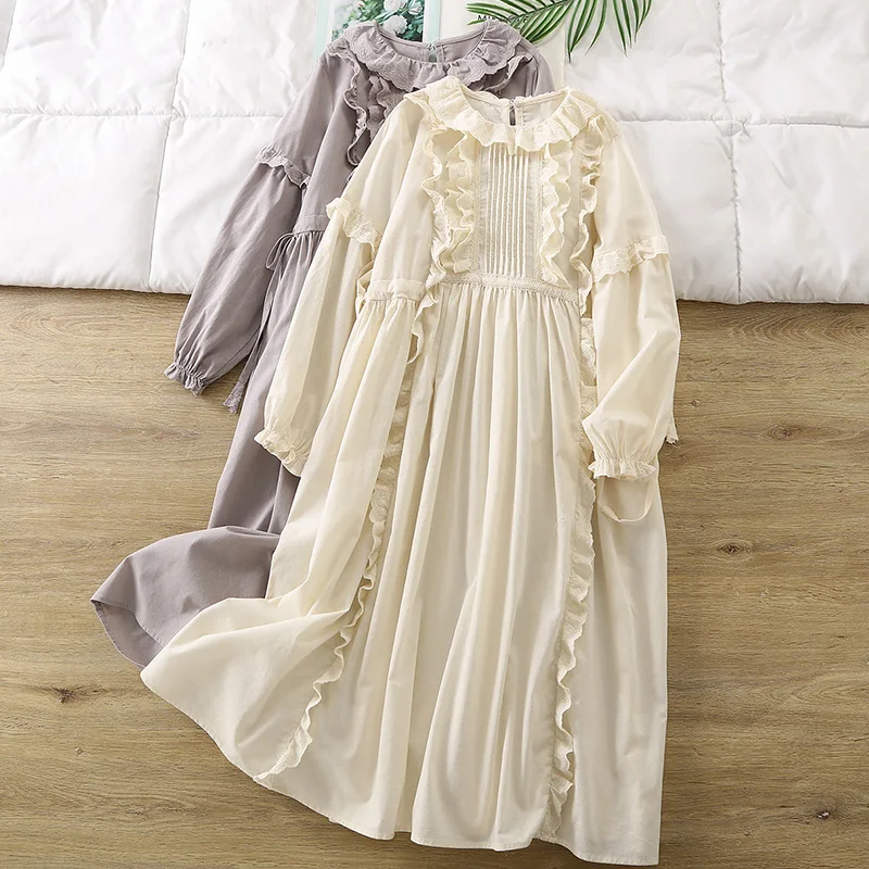 New Spring Autumn Ruffles Pleated Dress Women Clothing Beige Gray Color Loose Long Sleeved Female Cotton Dresses Robe U083