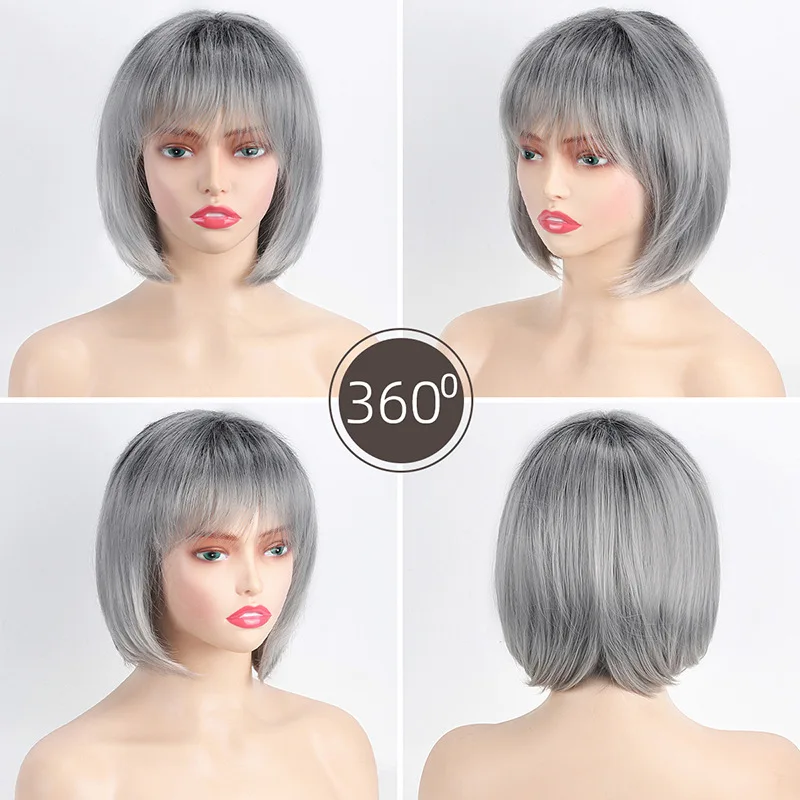 European and American cross-border wig women's short straight hair gray air bangs fluffy full head cover-Synthetic fiber wig