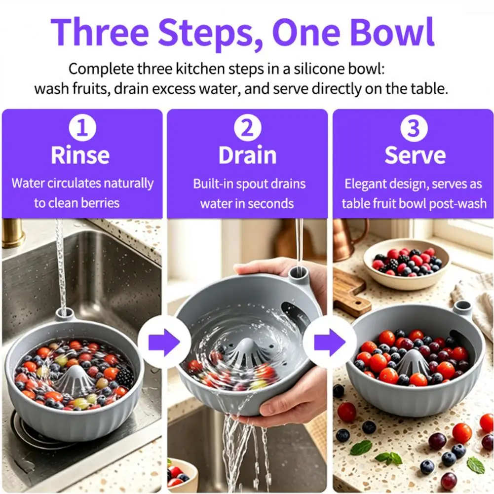 Kitchen Gadget for Berries Self-spinning Berry Swirl Bowl with Built-in Drain Food-grade Silicone Vortex Fruit for Fruits