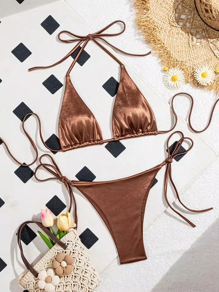 Vzvn Sexy Solid Laced Up Bikinis Women Split Swimsuit Beach Vacation Bikini 2026 All Season Fashion Backless Bikinis 2 Piece Set