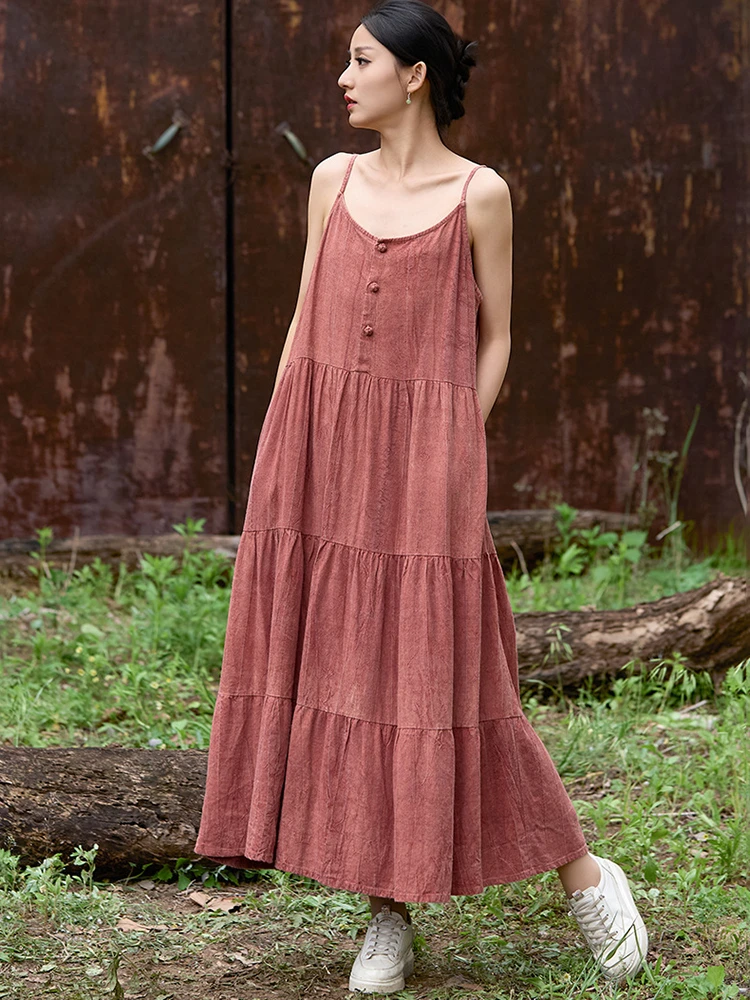 

High Quality Cotton Linen Long Dress Women New 2025 Summer Vintage Style Spaghetti Strap Ladies Elegant Holiday Dresses M1596