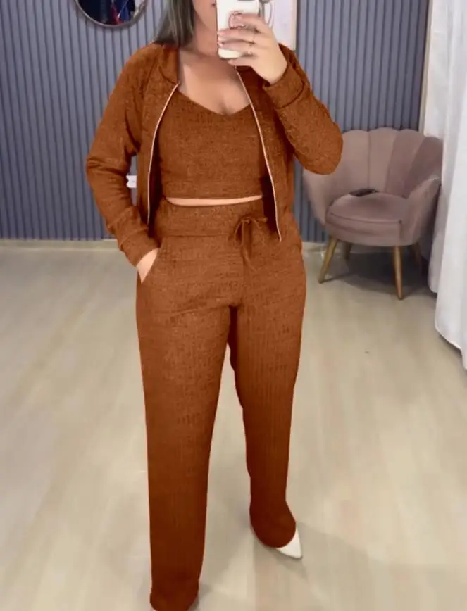 

3Pcs Women Outfit 2025 Spring Autumn New Turn-Down Collar Zipper Cardigan Spaghetti Strap Crop Tank & Casual Pocket Pants Set