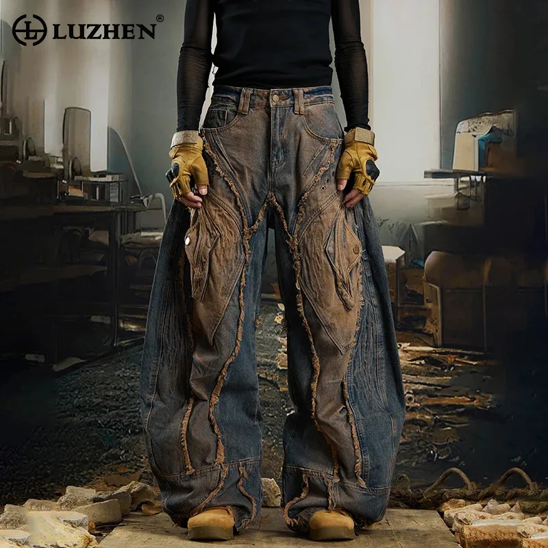 

LUZHEN 2025 новые оригинальные винтажные свободные прямые джинсы с принтом тай-дай в стиле пэчворк, мужские модные уличные джинсовые брюки JY5335