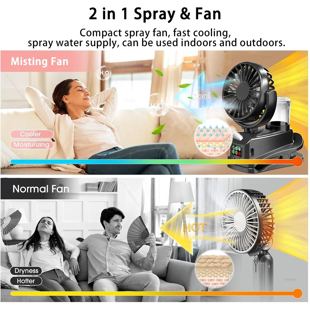 Portable Clip Fan Rechargeable Desktop Fan Wireless Ceiling Electric Fan Mini Spray Mister Humidifier Fan 360° Rotating Clip Fa
