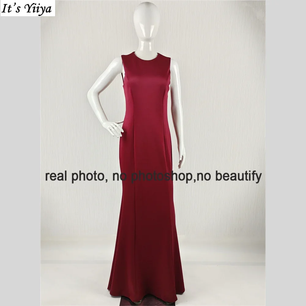 It's Yiiya Customized Real Photo Evening Dress Wine Red O-neck Sleeveless Mermaid Floor Length Simple Women Party Formal Gowns