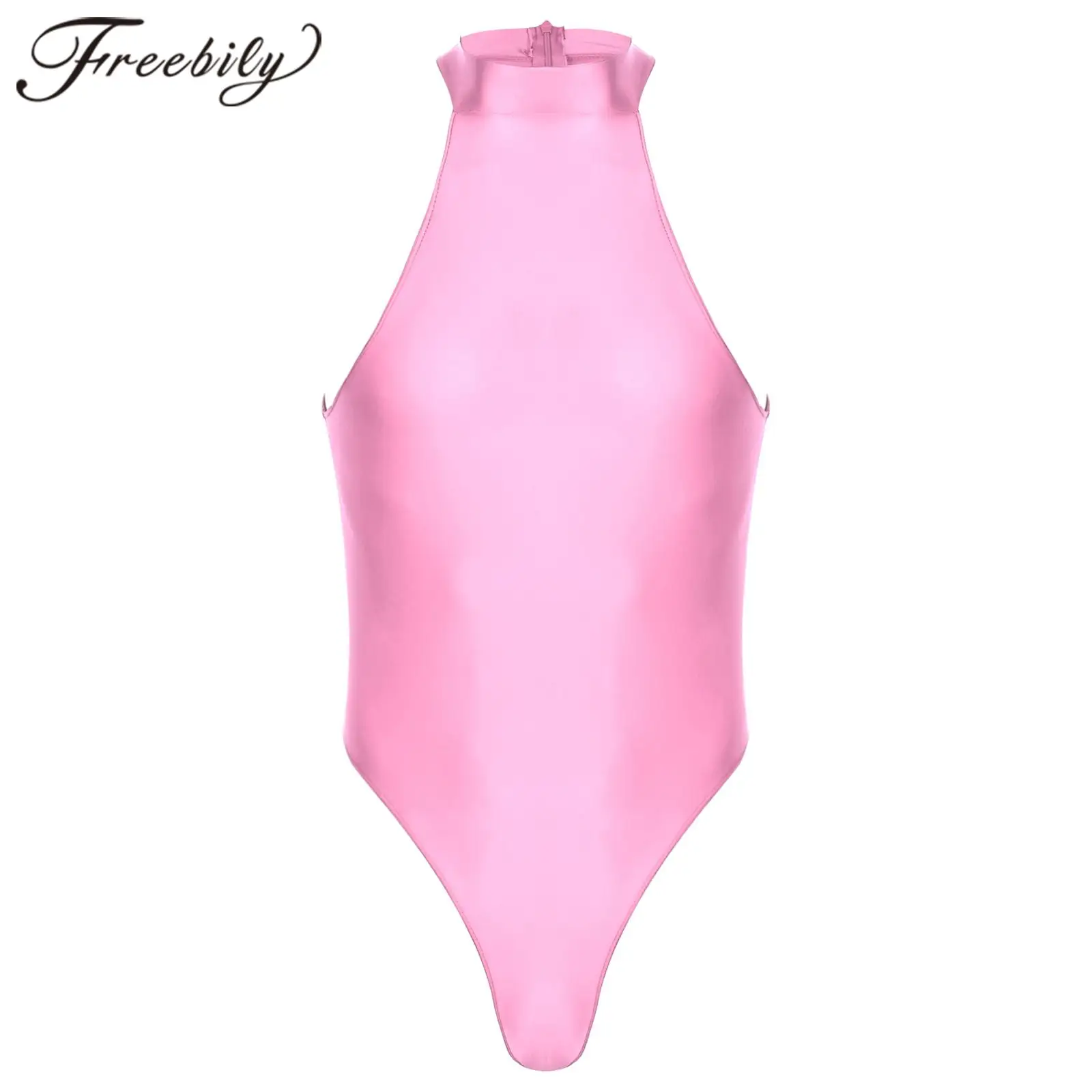 

Men's Swimsuit Glossy Mock Neck Back Zipper Bodysuit One-piece Hommes Sleeveless Leotard for Gymnastics Swimming Bathing Suit