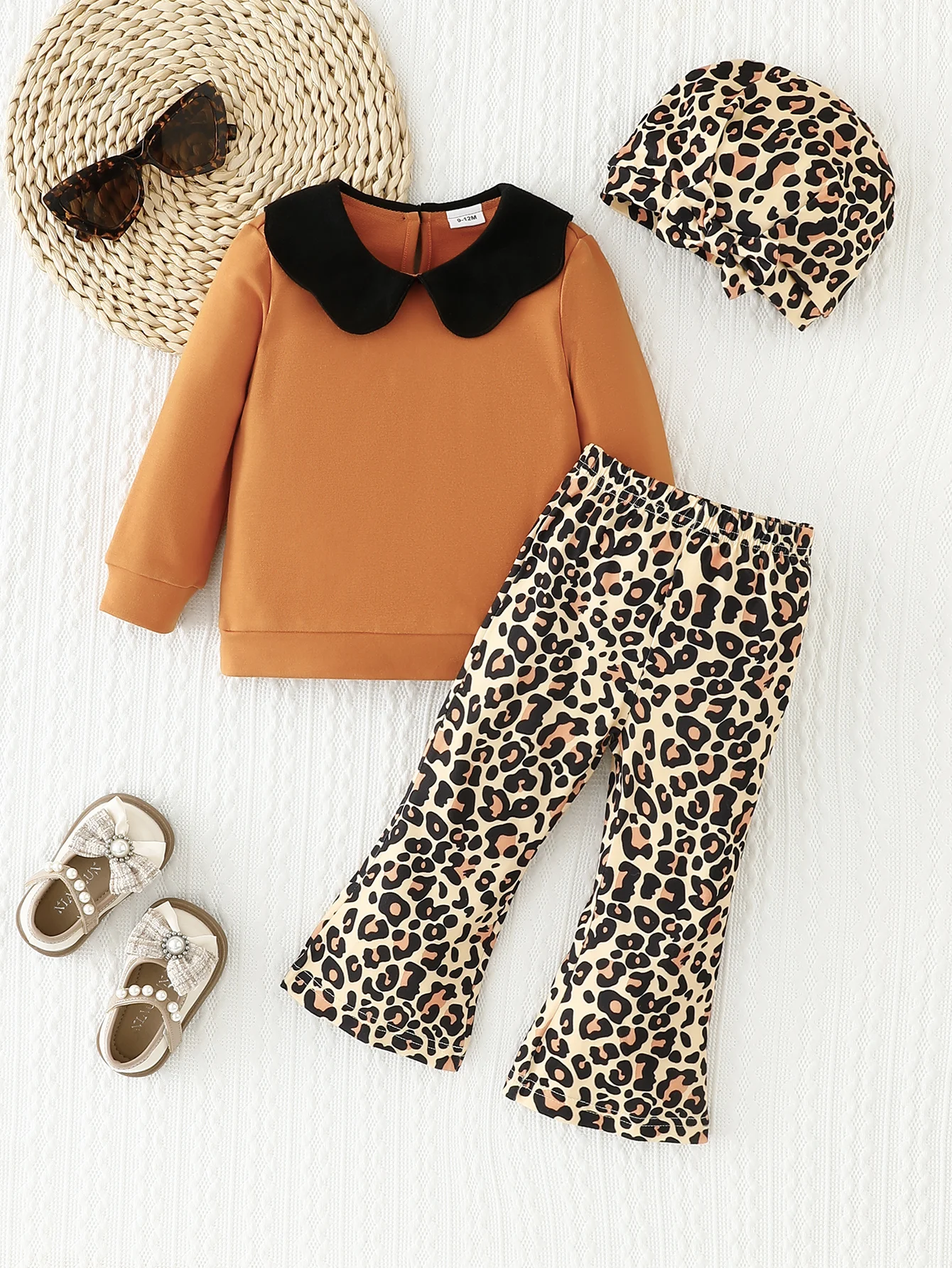 

Повседневный весенне-осенний комплект с кукольным воротником и леопардовым принтом для маленьких девочек, брюки-клеш и шапка