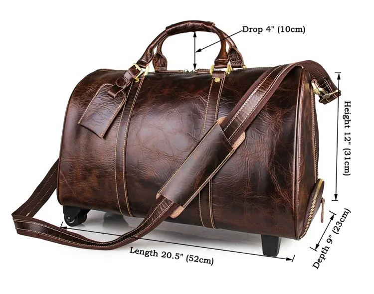 Men's large genuine leather travel wheeled duffel Cowhide trolley case 20