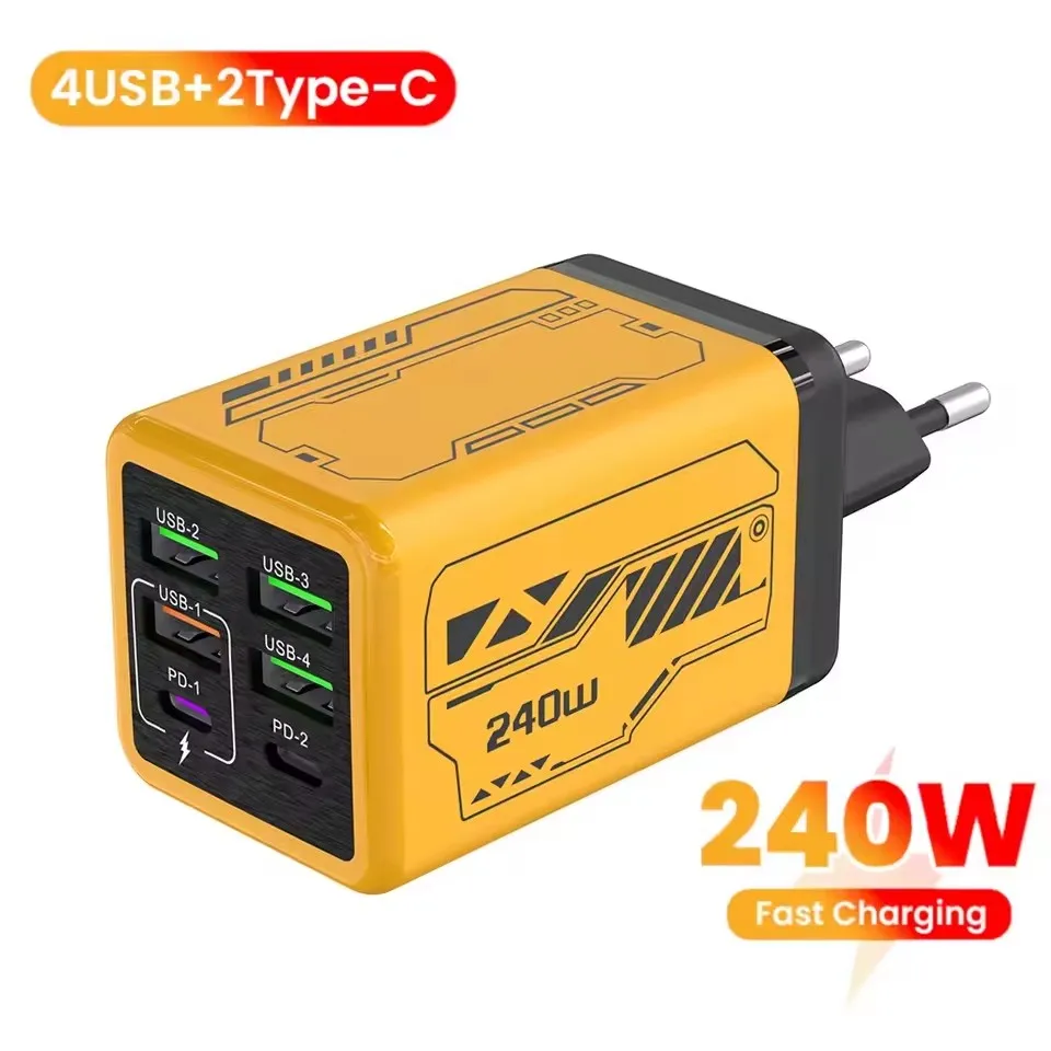 240W Charger 6 Ports GaN Super Fast Charging Charger High Speed Adapter For iPhone 18 Pro Max Duo Xiaomi Samsung Phone Charger