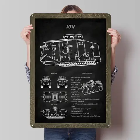 Tysk A7V-stridsvagn, första världskriget, plåtskylt, ritningsaffisch, väggdekor, anpassade metallskyltar för väggkonstdekoration, estetisk rumsdekoration 10 best sales första världskriget tyska - №9