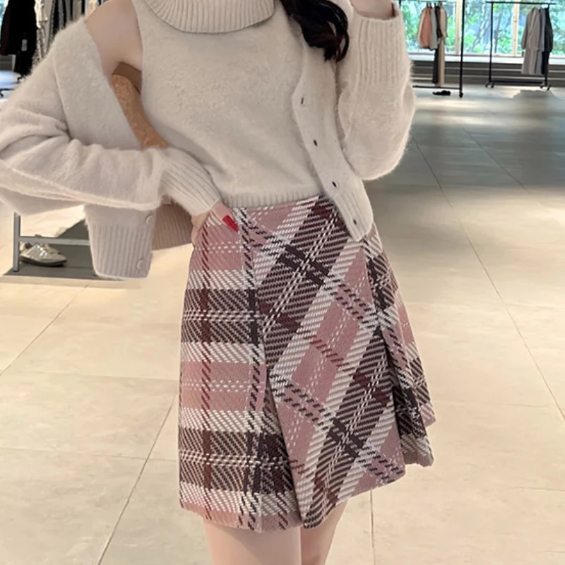 2024 Fall Winter New Temperament Flared Skirt Vintage Plaid High Wasit Slim A-line Mini Jupe Casual All-match Fashion Faldas