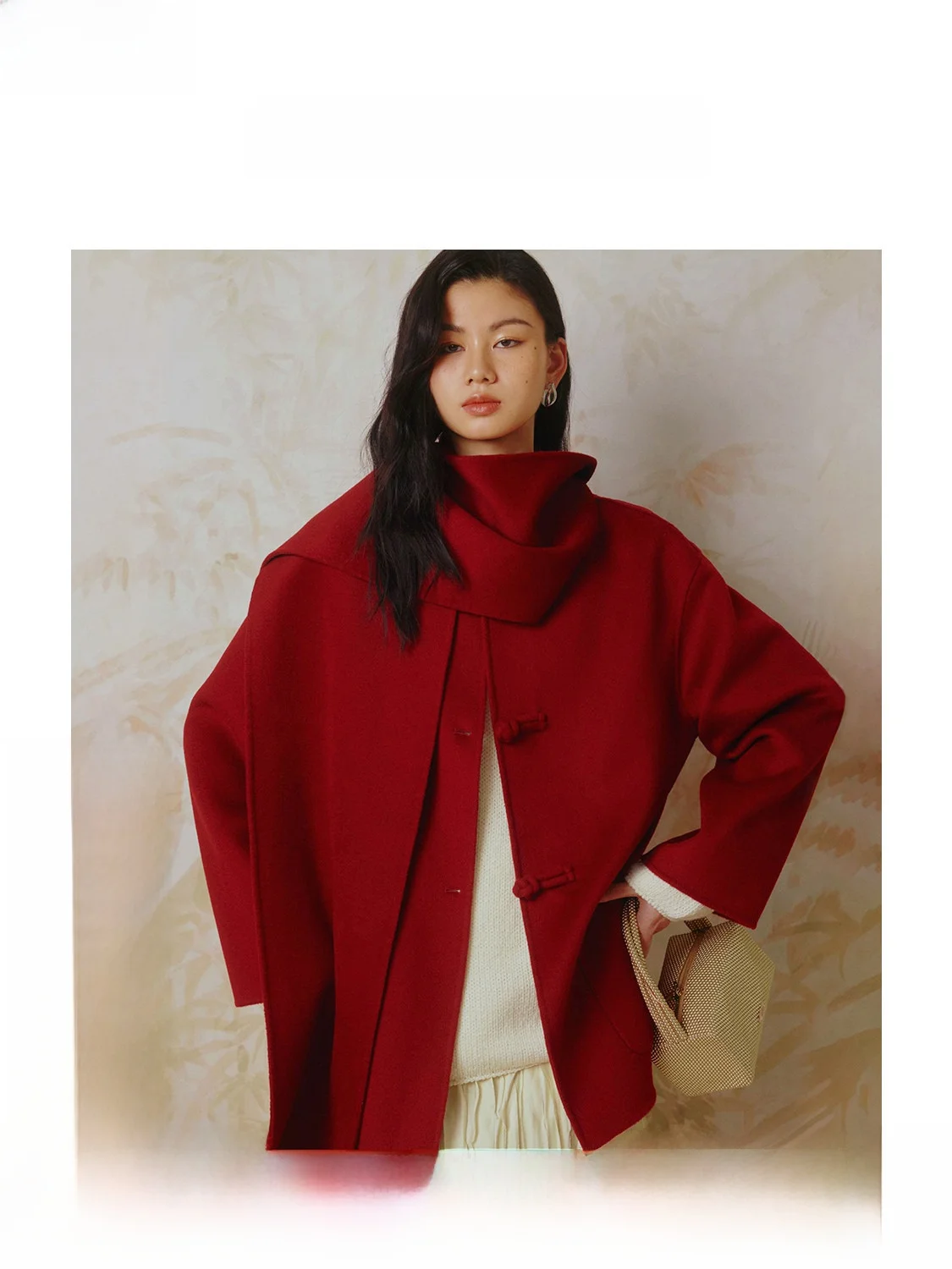 

Ele Red Double-Faced Woolen Chinese Sle Scarf Coat Women's Outerwear Spring 2025 Founder Series ZhiZhi Faion