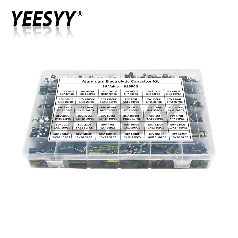 

925pcs 36Values High Frequency Low ESR Aluminum Electrolytic Capacitor Kit 1uF 4.7uF 10uF 22uF 47uF 100uF 220uF 330uF 470uF