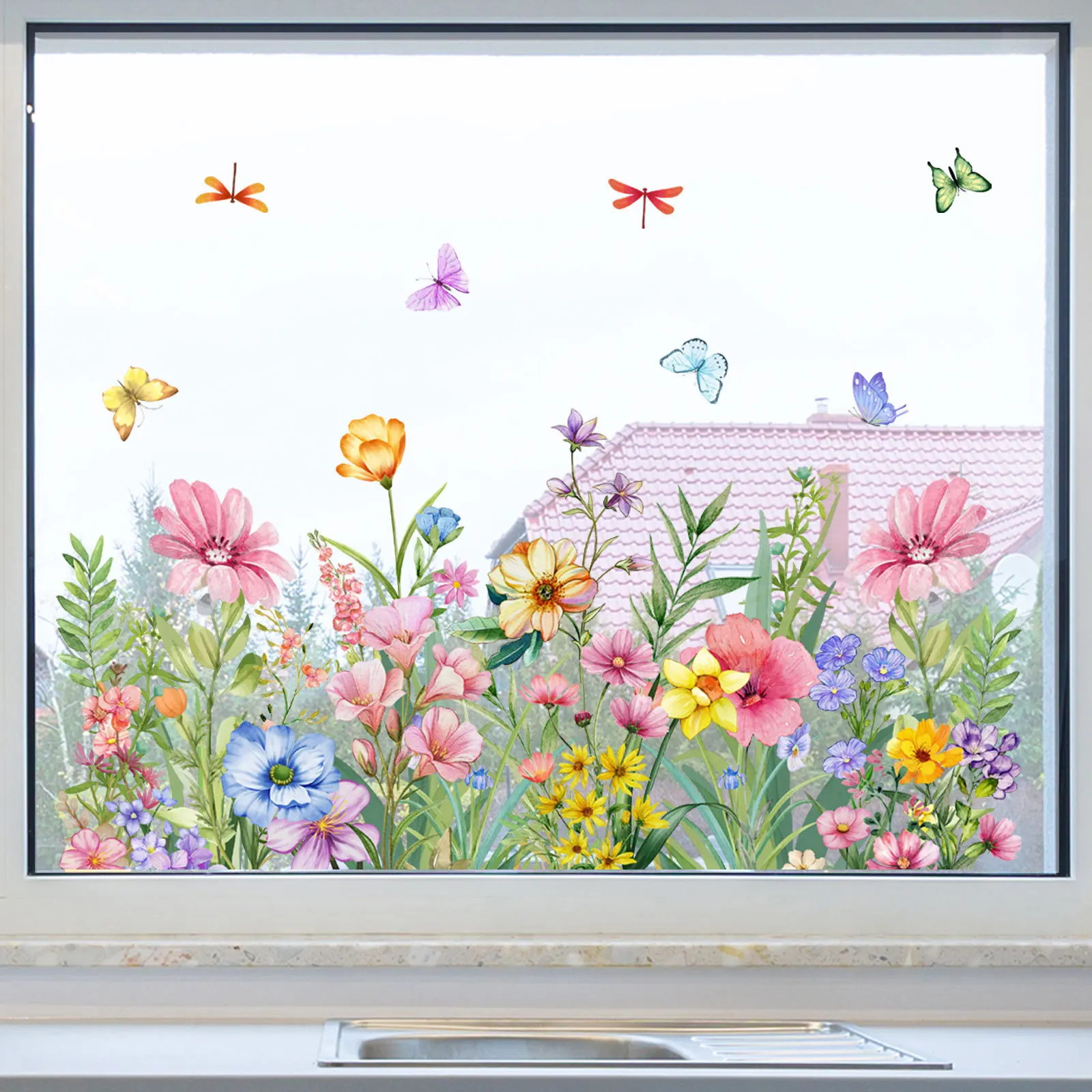 27x15 Zoll PVC-Vinyl-Blumen-Fensterfolien, abnehmbare bunte Blumen-Glastür-Fenstersticker, DIY-Heim- und Hochzeitsdekoration