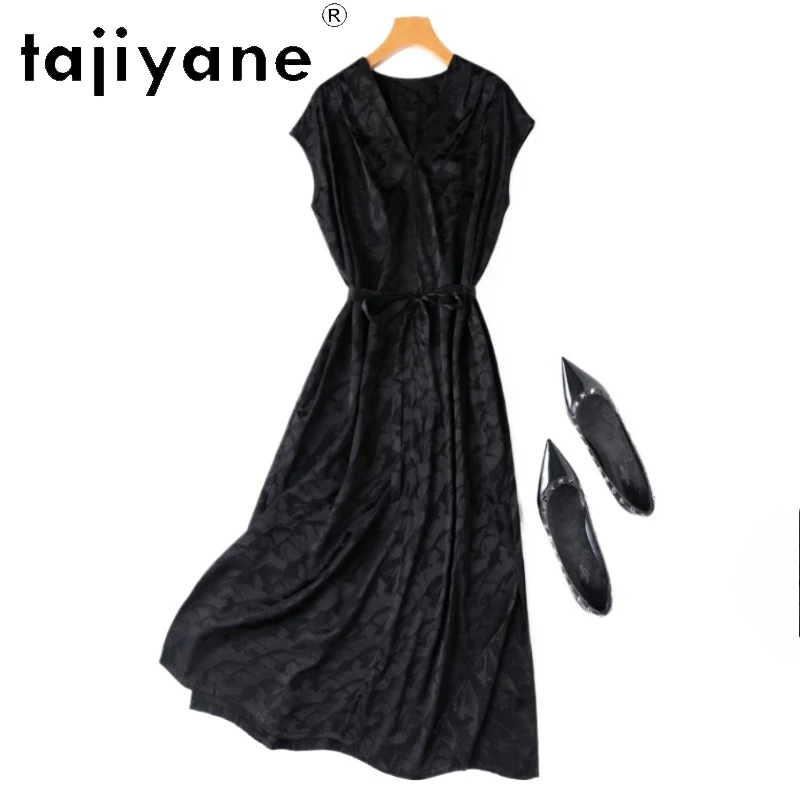 

TAJIYANE 93% Natural Mulberry Silk Dress Woman Summer 2025 Vacation Long Dresses V-neck Black Frocks Ladies Clothes платье
