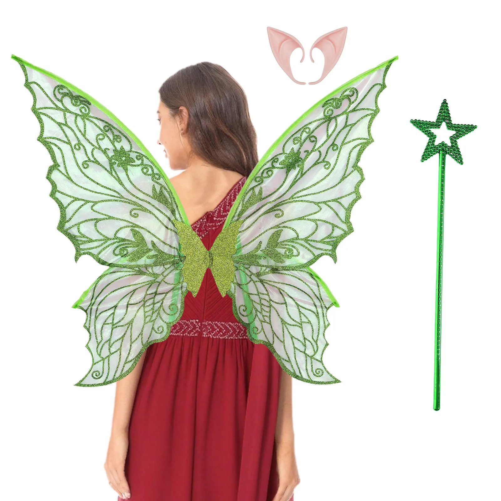 

Fantasy Cosplay Kit- Shimmering Fairy Wings Set with Adjustable Straps Elf Ears Star Wand for Halloween Photography Role Play