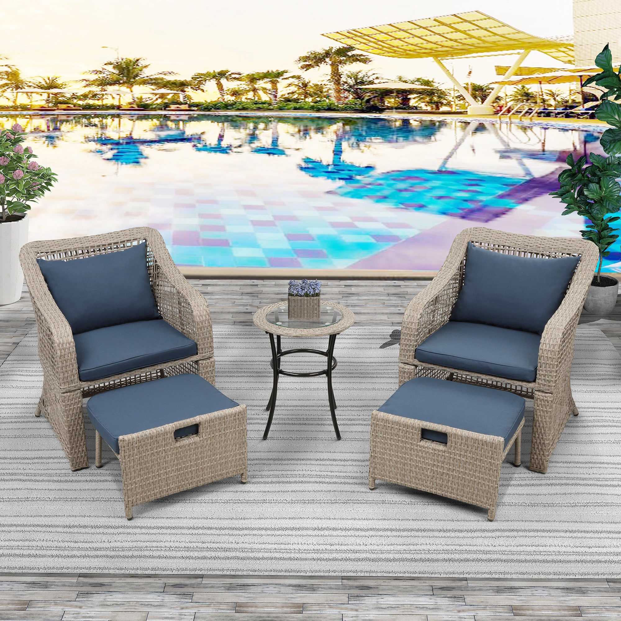 

5-Piece Outdoor Conversation Set Patio Furniture Set Bistro Set Rattan Wicker Chairs with Stools&Tempered Glass Table[US-Stock]