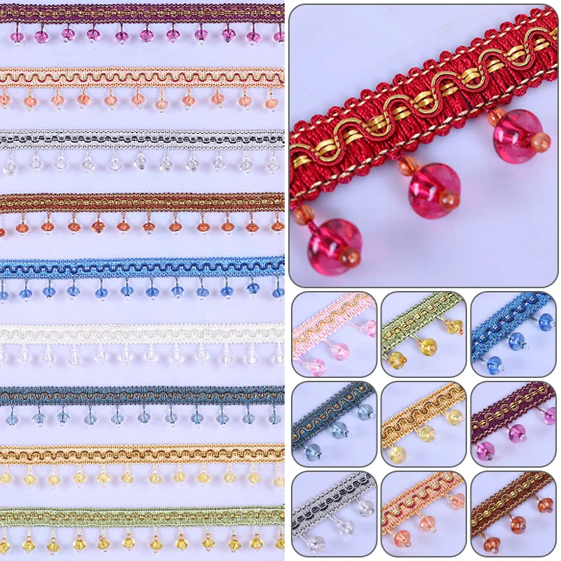 

12M Curtain Trims Crystal Beaded Lace Fringe Tassel DIY Curtain Accessories Sewing Edge Ribbon Decoration Upholstery Material