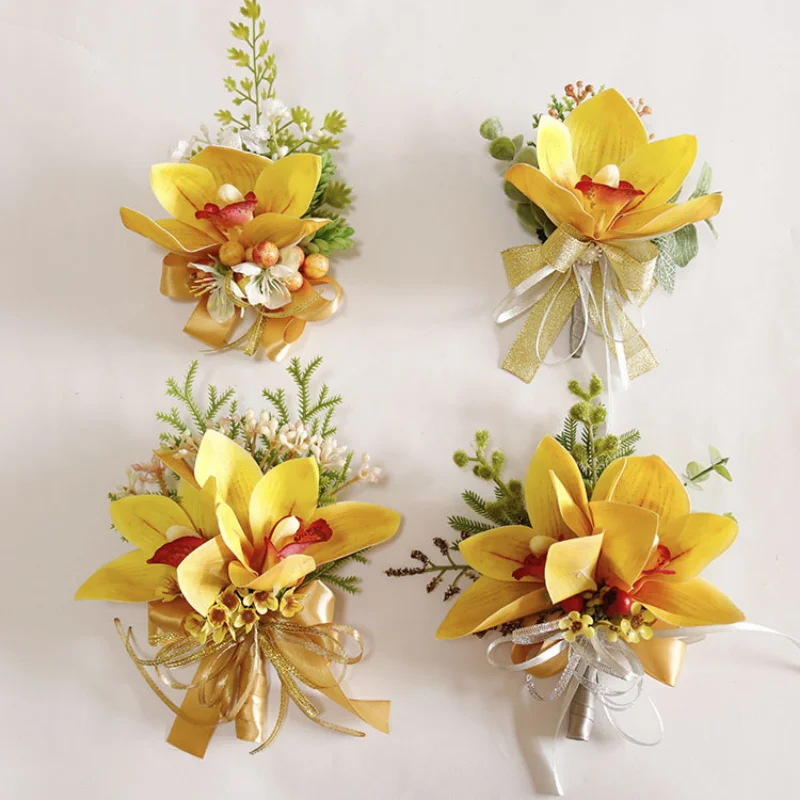 สีเหลืองประดิษฐ์ Boutonnieres ดอกไม้ข้อมือ Corsage แต่งงานอุปกรณ์เสริม Homme งานแต่งงาน Deco