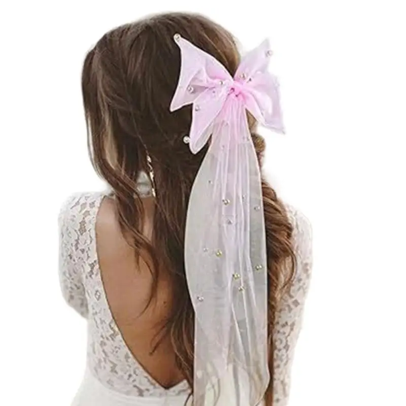 

652F DoubleLayer Bowknot Wedding Veil for Bridal Shower Short Beaded Veil Hair Clip Veil for Beach Wedding Party Veil