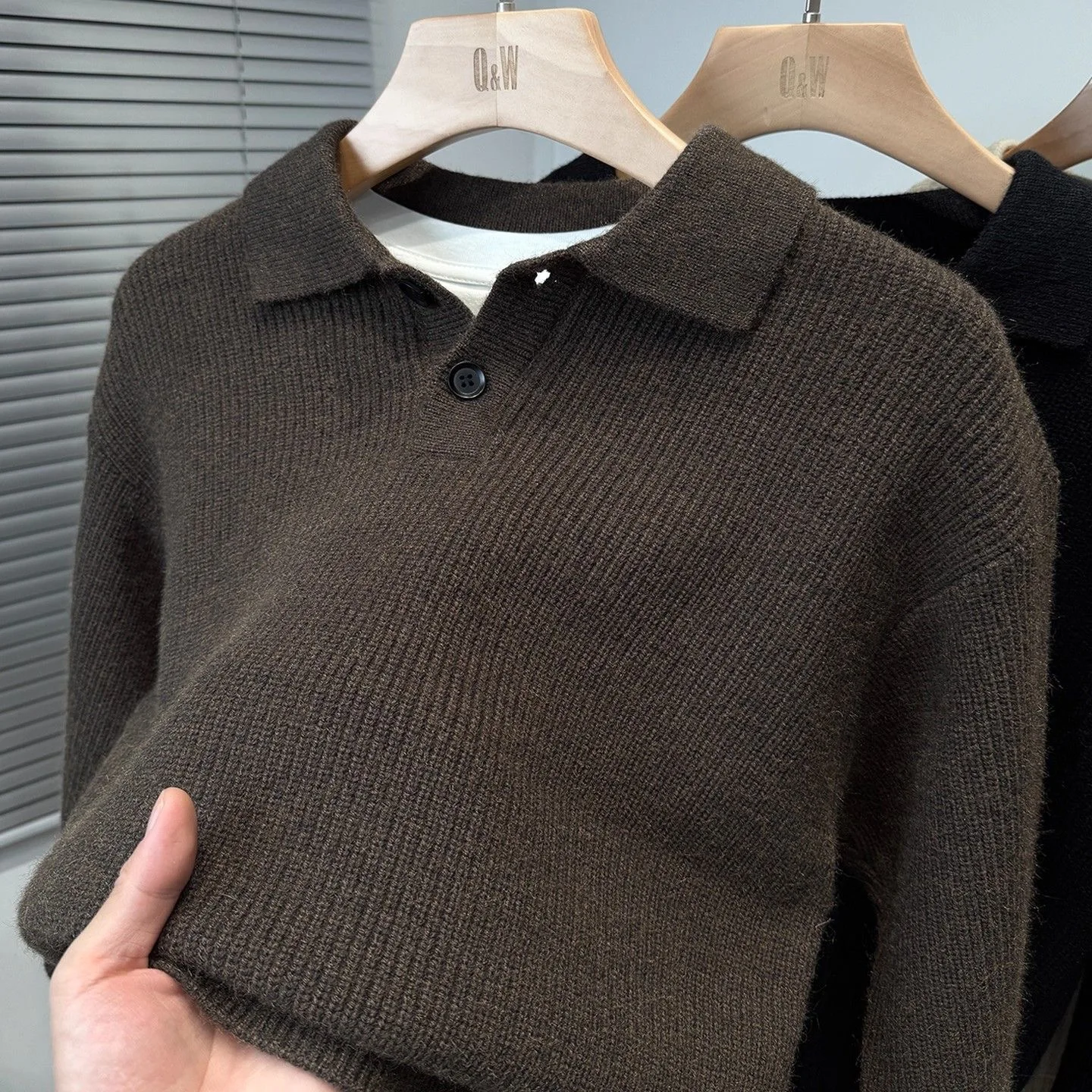 

Мужской повседневный свободный утепленный вязаный свитер с отложным воротником из полиэстера для дома и отдыха, зимний, модный