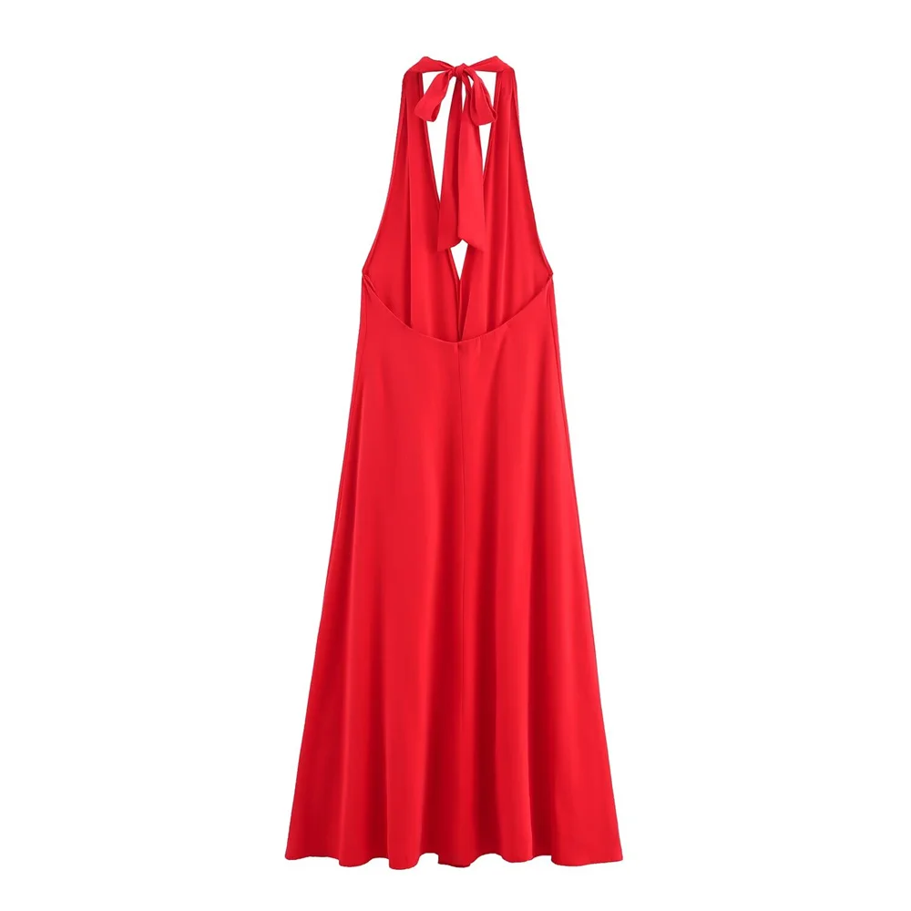 New women's European and American style bow decoration hanging neck MIDI dress