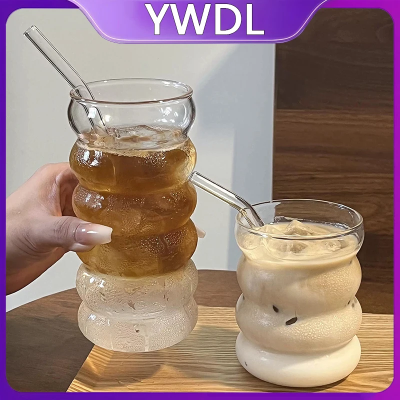 350/480ml Wave Design High Borosilicate Glass Tumbler with Straw Iced Coffee Cup Heat Resistant Tumbler for Cold Beverages