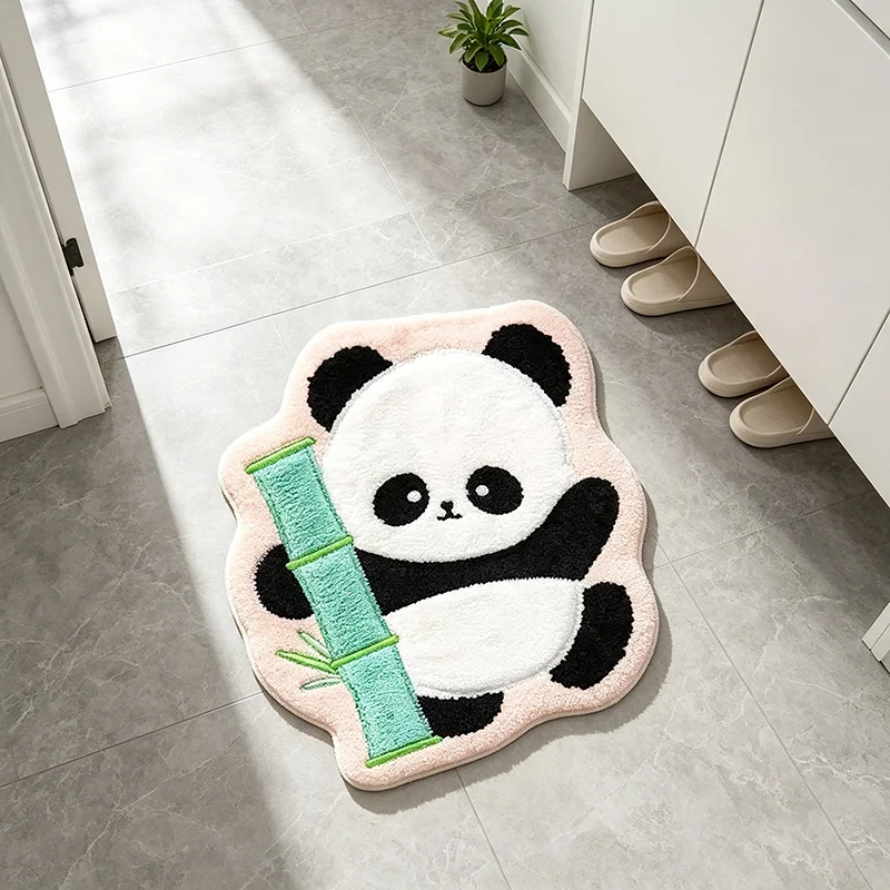 VIKAMA Panda Holding Bamboo Shaped Plush Bath Mat Non Slip Absorbent Cute Cartoon Animal Indoor Floor Decor Mat