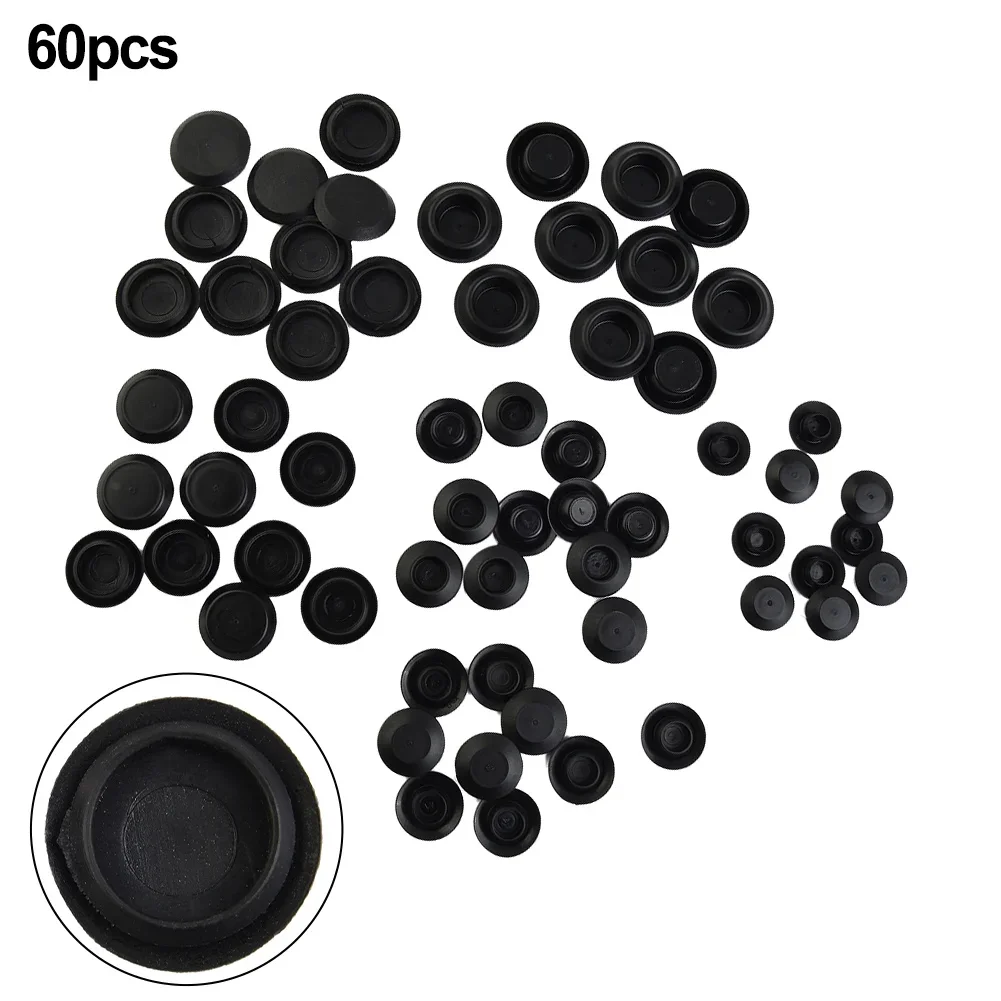 60 Pcs Flush Mount Black Plastic Hole Plug Assortment Auto Body Sheet Metal Car Rubber Plug Flush Mount PVC Plug Button