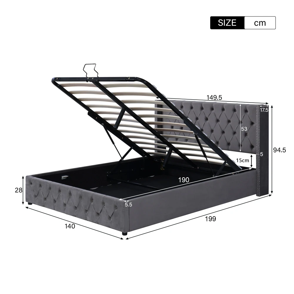 Gepolstertes Doppelbett aus schwarzem Samtflanell mit Nietenknopf und hydraulischem Stauraum (ohne Matratze), 160 x 200 cm oder 180 x 200 cm – Detail 16