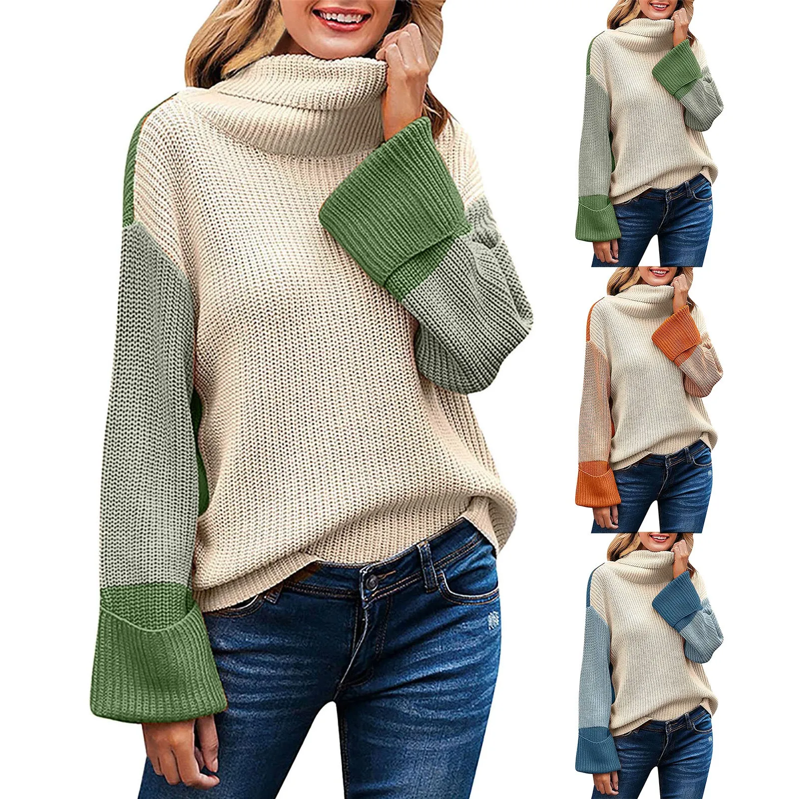 Imitation High Neck Sweater Transparent High Neck Sweater New High Neck Long Sleeve Color Matching Sweater Knitted Pullover