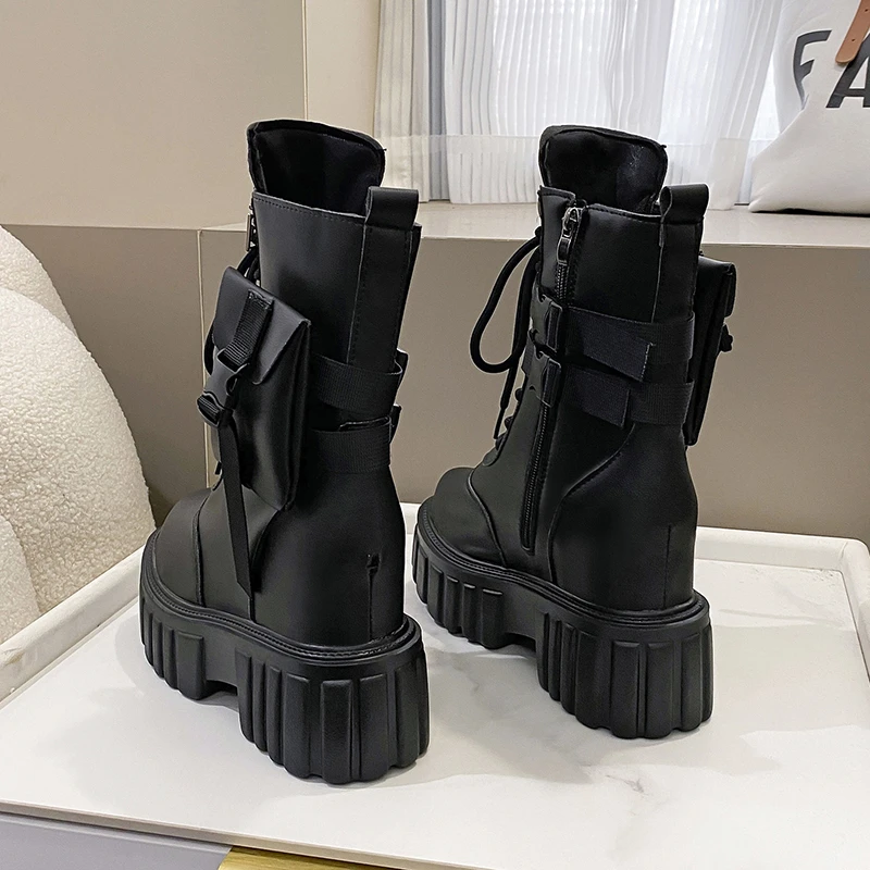 Women Chunky Mid-Calf Boots New Autumn Leather High Platform Round Toe Ladies Shoes Punk Wedge Motorcycle Boots Winter Sneakers