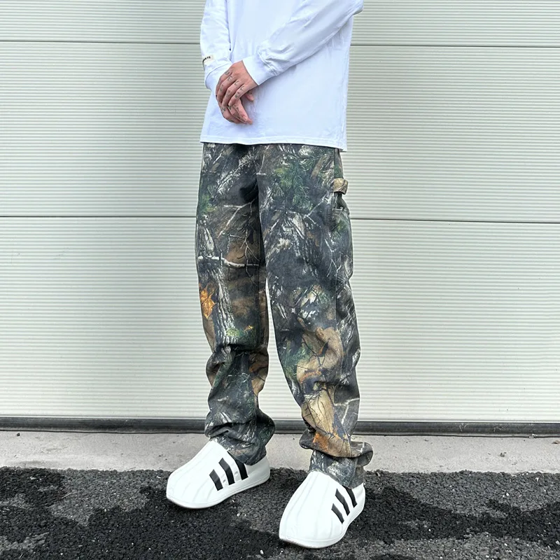 

2024 American Hip Hop High Street Straight Leg Casual Pants Men's Woodland Camouflage Print Cargo Long Trousers