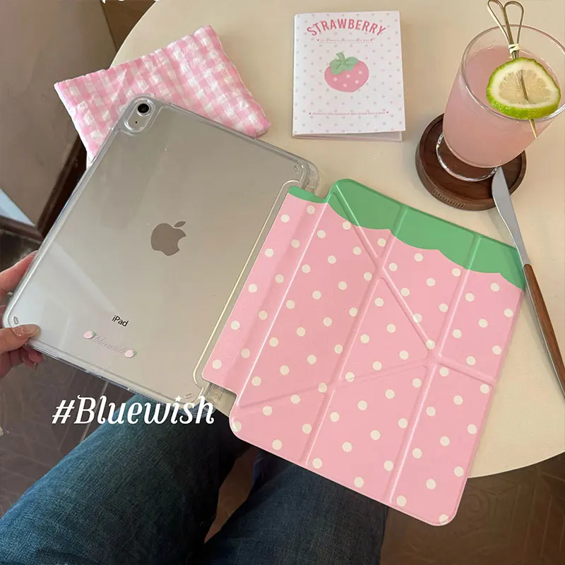 Ins Pink Strawberry Polka Dot Tablet Case For iPad Pro 11 12.9 13 A16 M2 M4 M3 M5 Shell 5/6/7/8/9/10/11th Mini Air 3 4 5 6 Cover
