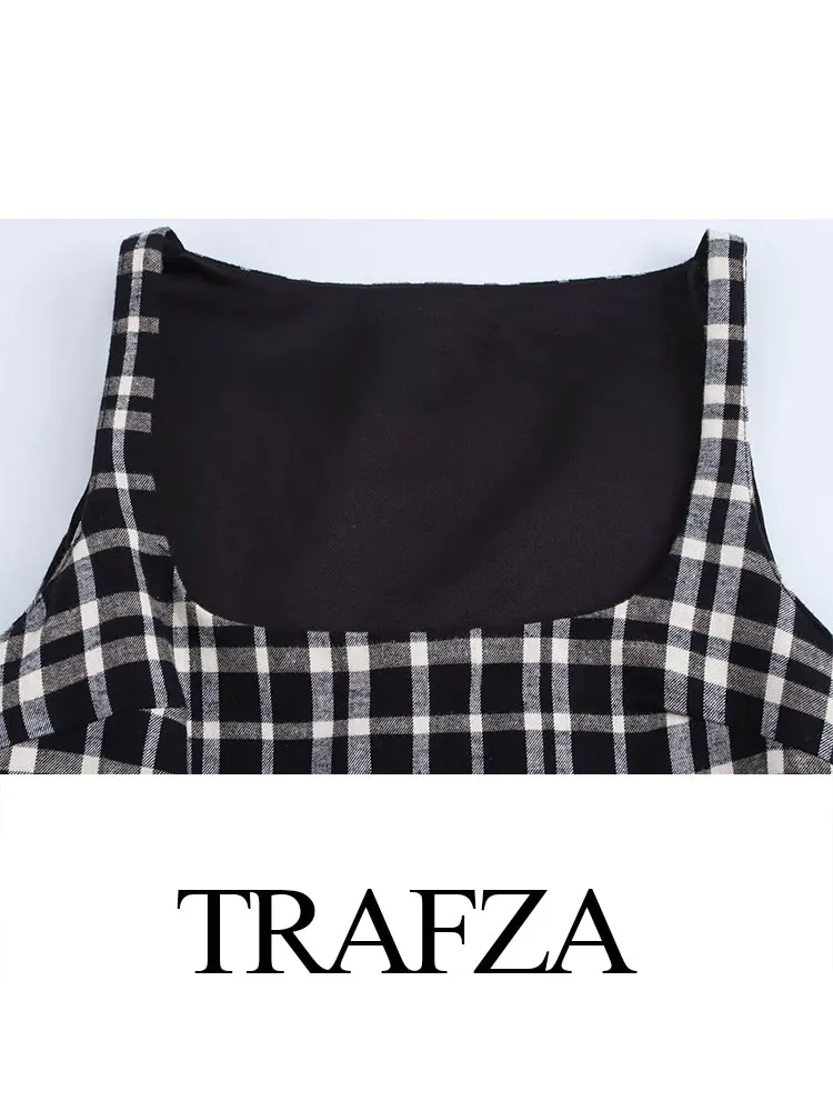 TRAFZA 2024 Summer Women Fashion Plaid Dress Sleeveless Slim Short Dresses Woman Vintage Female Mini Dress Vestidos Trendy