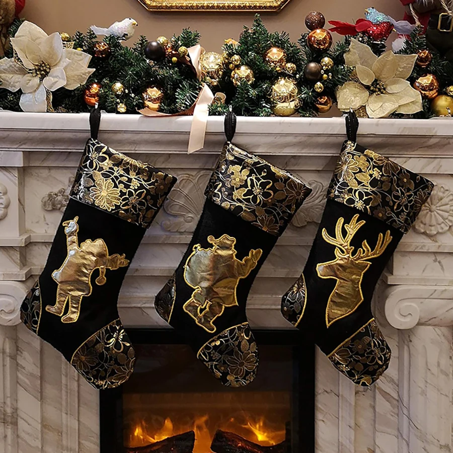 

3 Pcs Christmas Socks Candy Bag Luxury Black Gold Elk Santa Pattern Home Fireplace Christmas Tree Pendant Decoration Gift Bag