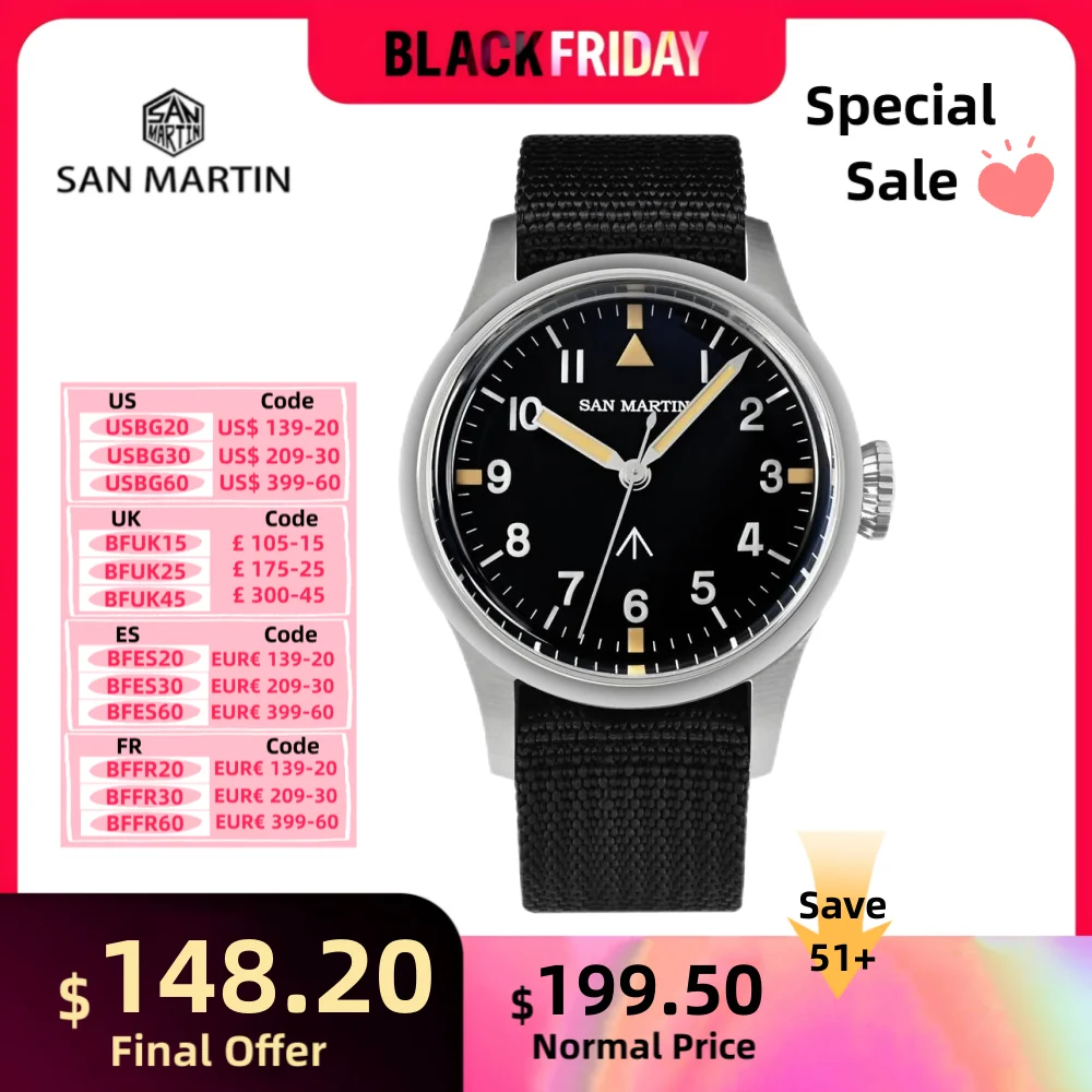 San Martin 38.5mm Sapphire Wristwatch Simple Pilot Military Field Automatic Mens Watch NH35 Luminous Reloj 10Bar SN0105NB-1