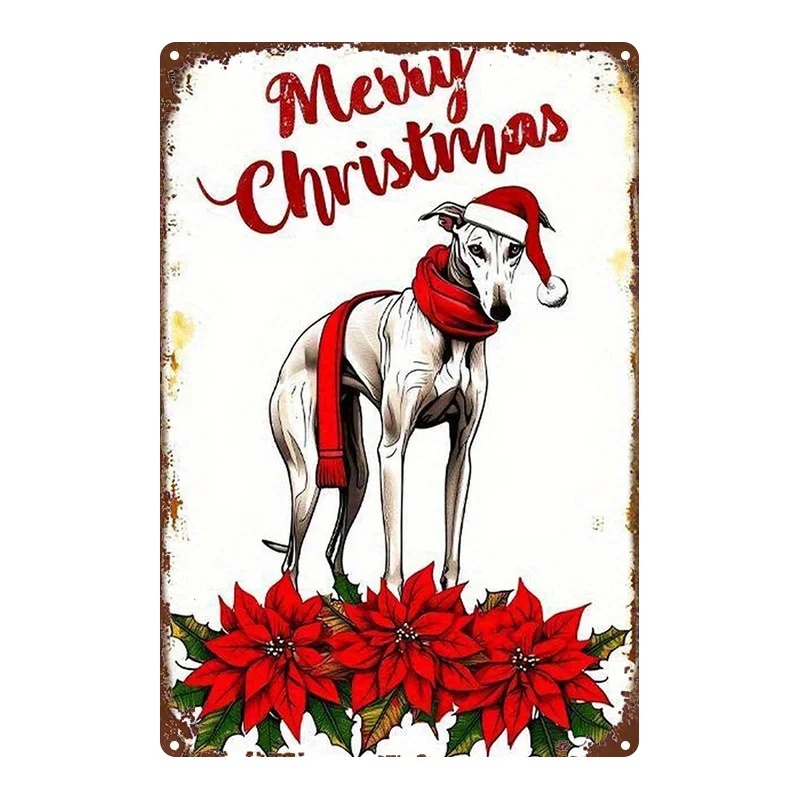 2D Flat, 1pc, Metal Sign, Christmas Grayhound And Red Flowers Tin Plate Painting Decor, 8X12 Inches (20X30 Cm) Iron Sign, Indoor