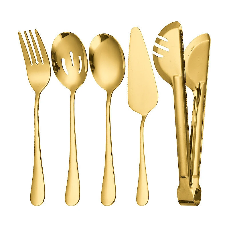 

5Pcs Golden Thicken Stainless Steel Public Cutlery Set Western Service Spoon Colander Fork Cake Shovel Tongs Kitchen Tableware