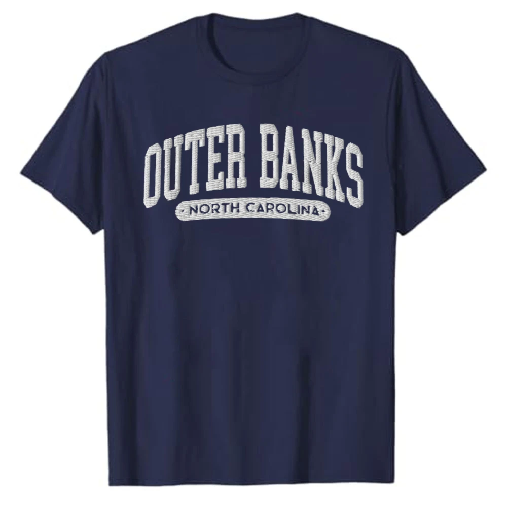 Outer Banks North Carolina Vintage Varsity Letter Graphic T‑Shirt Casual Cotton Tees Retro Distressed Text Print Coastal Tops