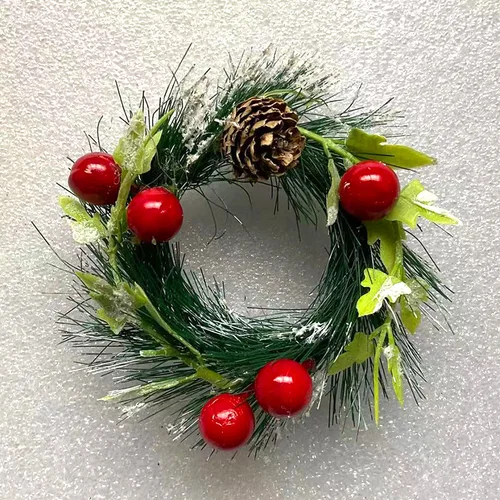 Mini Christmas Wreath Artificial Pinecone Red Berry Green Leaves Candlestick Xmas Tree Wedding Party Wall Decor Hanging Garland 