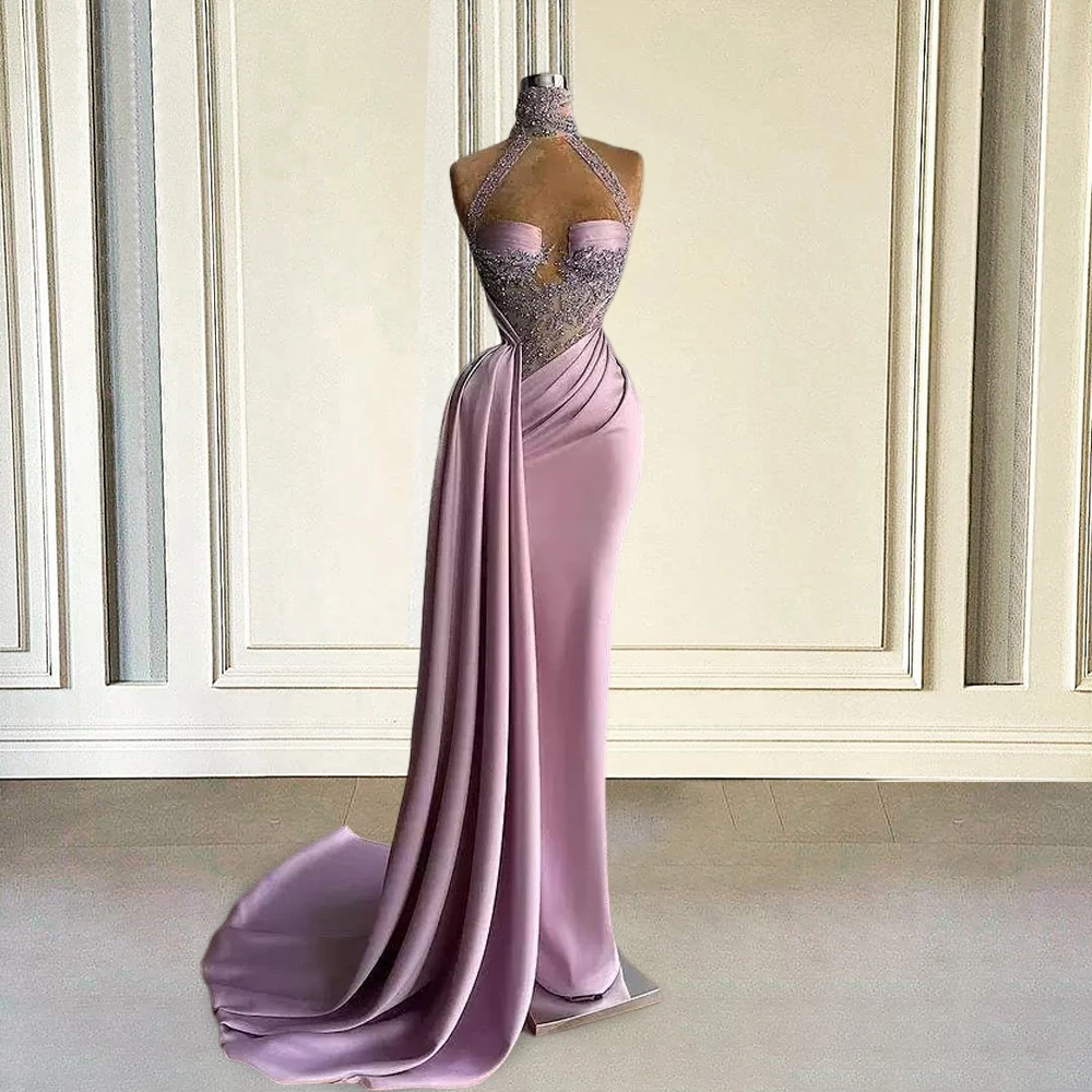 Lilac Arabic Dubai Evening Dress Long 2024 Luxury Mermaid Satin Beads Halter African Women Formal Prom Party Gown Customized