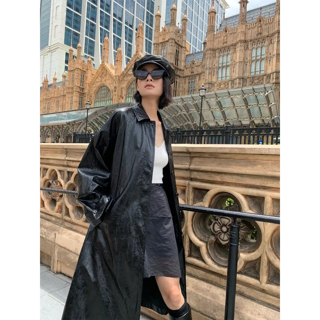 

COMOS CMS Autumn Vintage Long PU Leather Coat Elegant Collar Design High Quality Women's Outerwear Fashionable Style