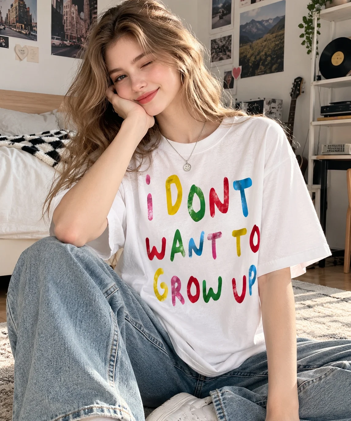 Women's Short Sleeve T-shirt White Colorful Hand Drawn Letter Graphic Print Loose Vintage Harajuku Casual Street Summer Tops