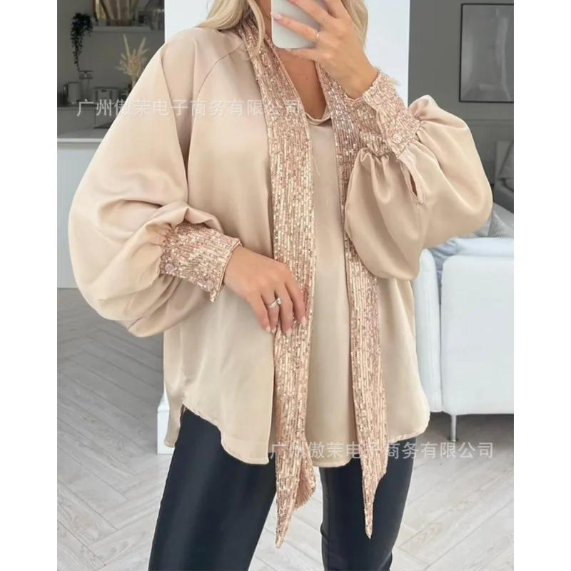 

Women's Solid Color Loose Lace-up Sequined Blouse 2024 Spring New Blouse Tops Women Casual Lantern Sleeve V-neck Pullover Shirt