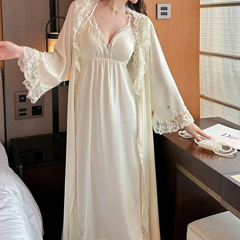 

Sexy Robe Suit 2Pcs Nighty&robe Long Kimono Bathrobe Lady Satin Nightgown Long Palace Style Homewear Sleepwear Spaghetti Strap