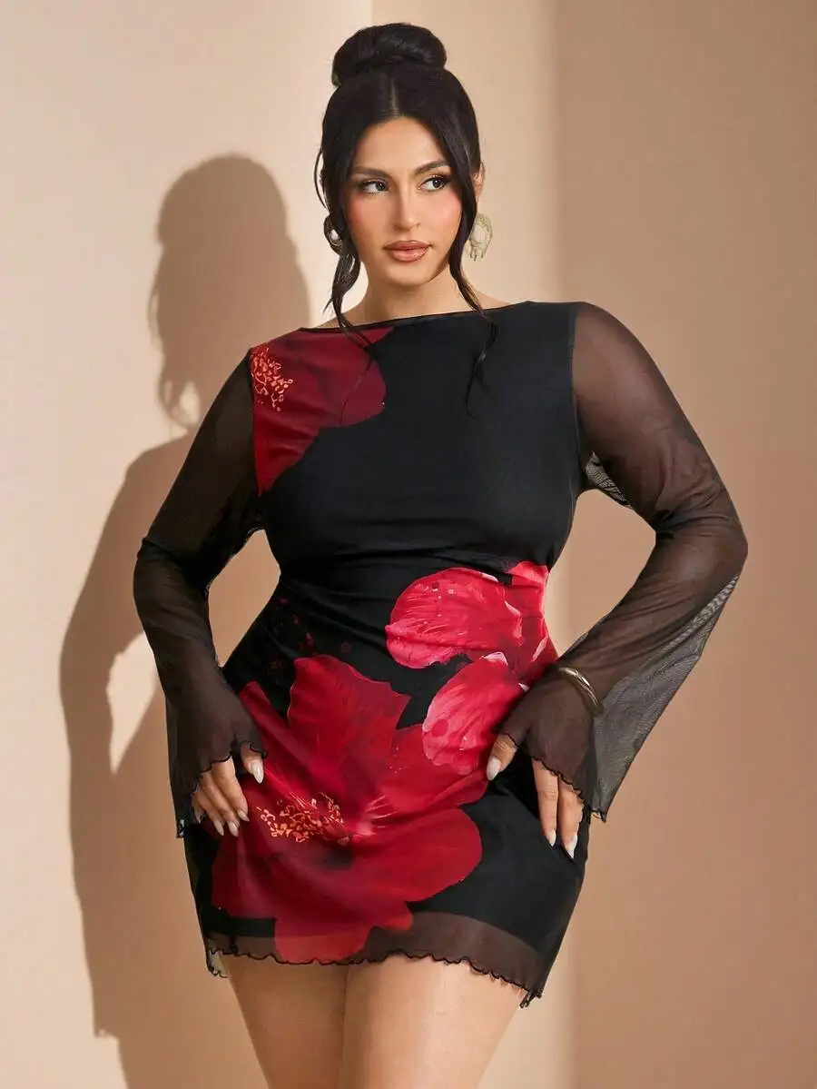

Plus Size Women's Floral Mesh Dress with Sheer Sleeves, Elegant for Parties and Date Nights